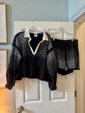 QUEEN OF SPARKLES Black & White Rhinestone Sweatshirt and Shorts Set